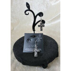 new womans halle joy black/clear studded devotion cross dangle, drop hoop earrin